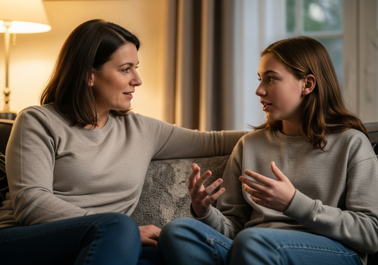 Parent and teen in an open, warm conversation at home